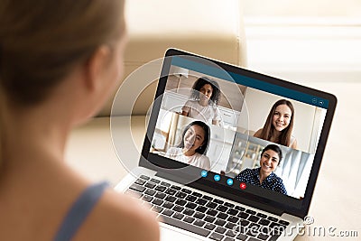 Millennial girl have fun talking on web with girlfriends Stock Photo