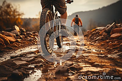 Back view Mountain bikes tire and riders foot on brown dirt path Stock Photo