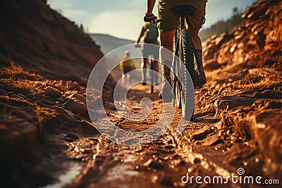 Back view Mountain bikes tire and riders foot on brown dirt path Stock Photo