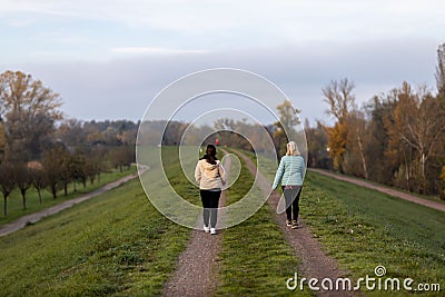 Back view of a pair of female friends walking in a park in the morning Stock Photo
