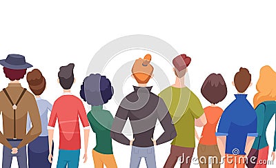 Back view people. standing crowd of male and female persons. Vector cartoon people Vector Illustration