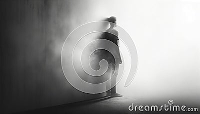 Back view of a person blending into a foggy background, symbolizing detachment Stock Photo