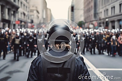 Back view of police officer with helmet and blurry crowd of protesting people in background Cartoon Illustration