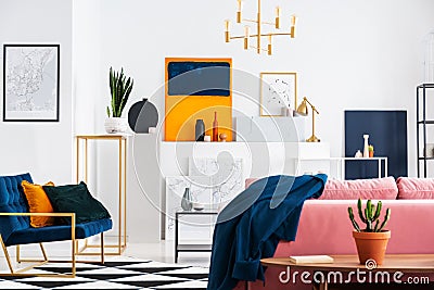 Back view of powder pink couch in elegant living room of art collector`s apartment full of paintings and maps Stock Photo