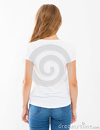 Back view pretty girl in blank white t-shirt. t shirt design and people concept. Shirts front view isolated on white background, m Stock Photo