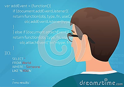 Back view of programmer working on a code vector illustration. Vector Illustration