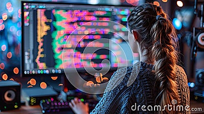 Back view of a programmer working with a computer in the office. AI Generated Stock Photo