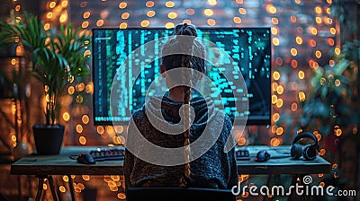 Back view of a programmer working with a computer in the office. AI Generated Stock Photo