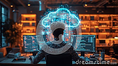 Back view of a programmer working with a computer in the office. AI Generated. Stock Photo