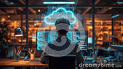 Back view of a programmer working with a computer in the office. AI Generated. Stock Photo