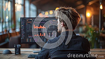 Back view of a programmer working with a computer in the office. AI Generated. Stock Photo