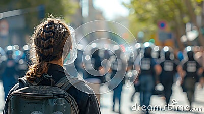 Back view protester amid street protests, police in background, civil unrest scene Stock Photo