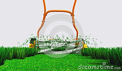 A back view of a push lawn mower at work Stock Photo