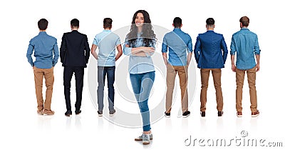 Back view of relaxed group of men and woman leader Stock Photo