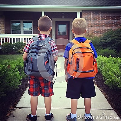 Back view of school mates come back from school to home. unrecognisable boys with backpacks. generative ai Stock Photo