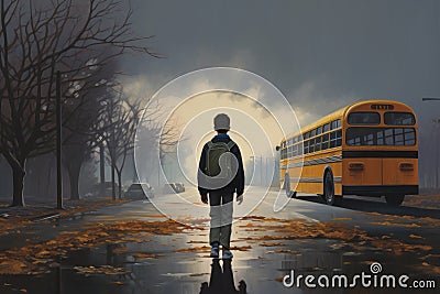 Back view of a schoolboy walking towards school bus on a foggy day, rear view of The boy gets off the school bus and goes home, AI Stock Photo