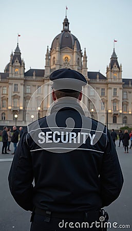 Back view of security guard in uniform patrolling an event area in front of a governmental building. Security concept. Stock Photo