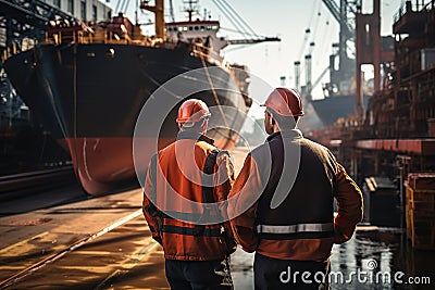 Back View of Shipyard Workers with a Majestic Ship Under Construction. created with Generative AI Stock Photo