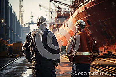 Back View of Shipyard Workers with a Majestic Ship Under Construction. created with Generative AI Stock Photo