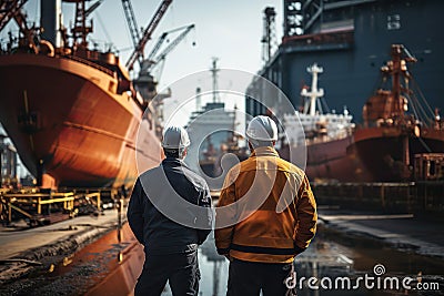 Back View of Shipyard Workers with a Majestic Ship Under Construction. created with Generative AI Stock Photo