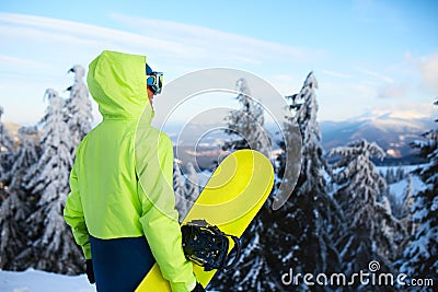 Back view of snowboarder standing with his board on the mount before backcountry freeride session in the forest. Man Stock Photo