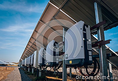 Back view of solar panel. Inverter to transform direct current into alternate. Stock Photo