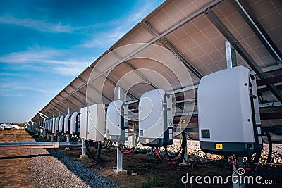 Back view of solar panel. Inverter to transform direct current into alternate. Stock Photo