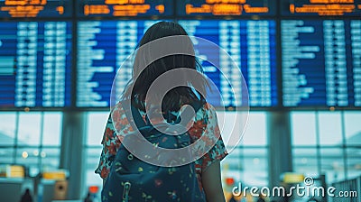 Contemplates Journey Ahead at Digital Airport Departure Board. Stock Photo