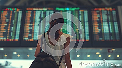 Contemplates Journey Ahead at Digital Airport Departure Board. Stock Photo