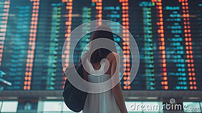 Contemplates Journey Ahead at Digital Airport Departure Board. Stock Photo