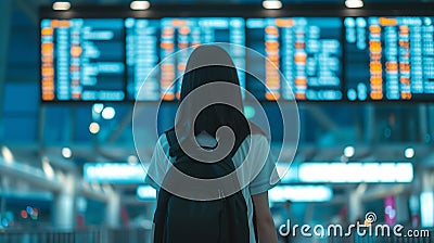 Contemplates Journey Ahead at Digital Airport Departure Board. Stock Photo