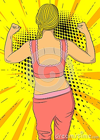 Back view of strong sporty girl showing muscles. Vector Illustration