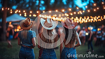 Back View of Three Women in Cowboy Hats Enjoying an Outdoor Evening Festival with String Lights Stock Photo