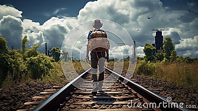Back view of tourist man. Male backpacker hiking on tracks.Generative AI Stock Photo