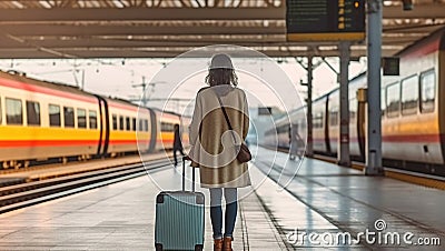 Back view of unrecognizable female traveler in stylish outfit standing with suitcase on platform of railway station. Generative AI Stock Photo