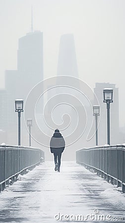 Anonymous person waking on bridge in snowstorm in city Stock Photo