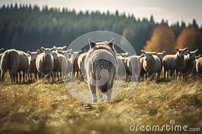 Wild wolf in front of herd of livestock sheep Stock Photo