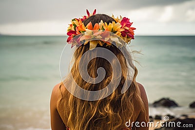 Back view woman hawaii beach girl. Generate AI Stock Photo