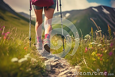 Woman Hiking in Mountains, Generative AI Stock Photo