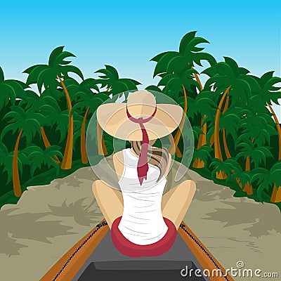 Back view of woman traveler floating on boat on the river in the jungle Vector Illustration