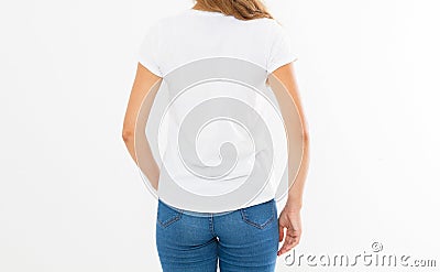 Back view: woman in white t-shirt mock up isolated, t shirt female, blank tshirt Stock Photo