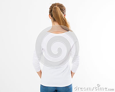 Back view: woman in white t-shirt mock up isolated, t shirt female, blank tshirt Stock Photo