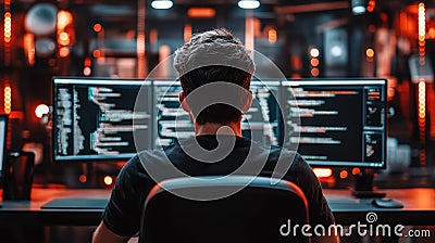 Back View of IT Worker Sitting at Desk and Working on Computer - Programmer or Coder Engaged in Programming Tasks Stock Photo