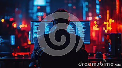Back View of IT Worker Sitting at Desk and Working on Computer - Programmer or Coder Engaged in Programming Tasks Stock Photo