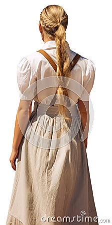 Back view of young blond woman in white dress with braid on white background. Amish woman walking away. Cartoon Illustration