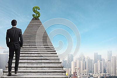 Back view of young businessman climbing stairs with dollar sign on city sky background. Finance, Rich, Success and employment Stock Photo