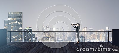 Back view of young businesswoman with telescope looking into the distance on rooftop with night sky and wide city view. Success, Stock Photo