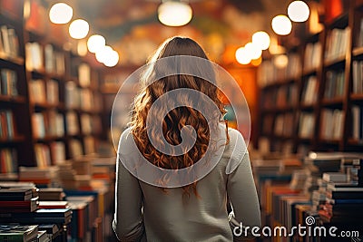 back view of a young curly woman in a light sweater stands in a bookstore among the shelves with books Stock Photo