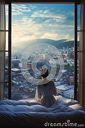 back view of young female wake up at luxury hotel room or apartment, woman by panoramic window, city and skyscrapers Stock Photo