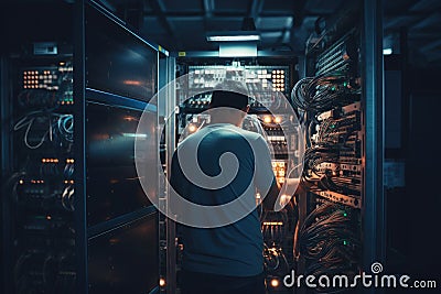 Back view of young man standing in server room and looking at network cables, rear view of the Technician repairing the server in Stock Photo